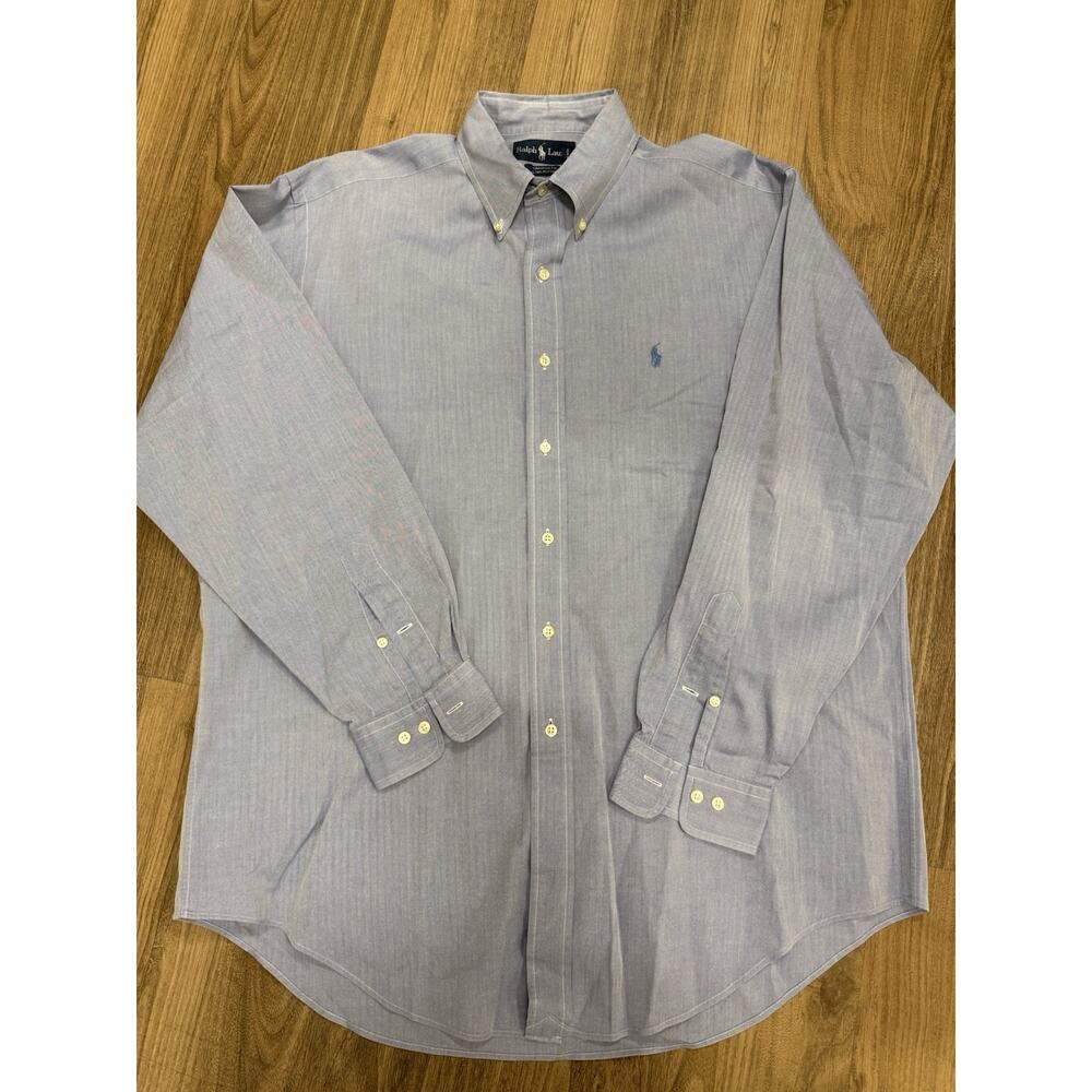 Ralph Lauren Yarmouth Mens Shirt 16 34/35 Button Pony Logo Blue Herringbone